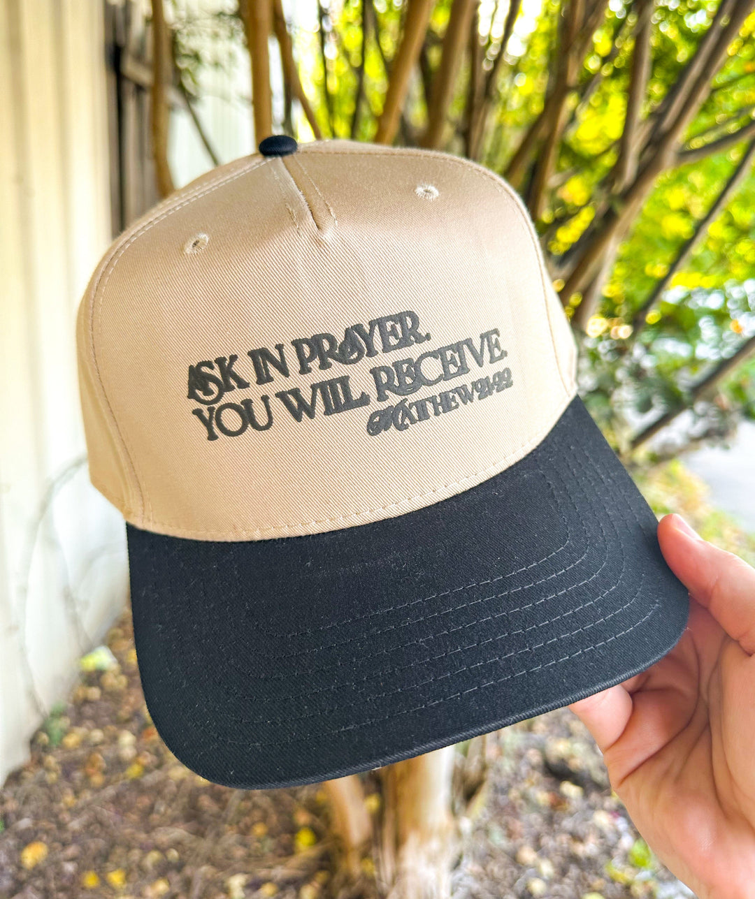 Ask In Prayer Tan/Black  Canvas Trucker Hat