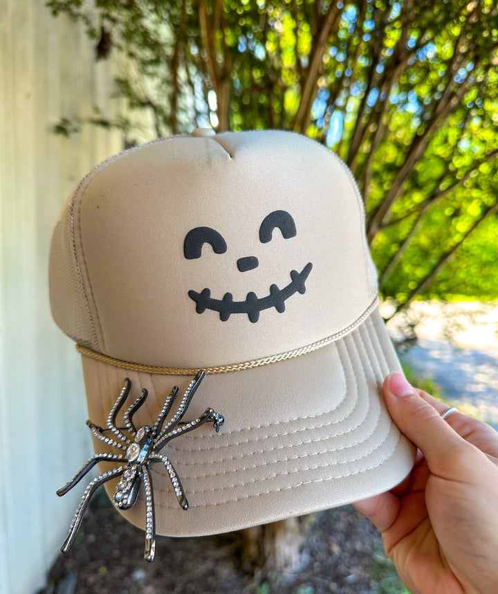 Smiley Skelly Khaki Trucker Hat W/ Spider Pin