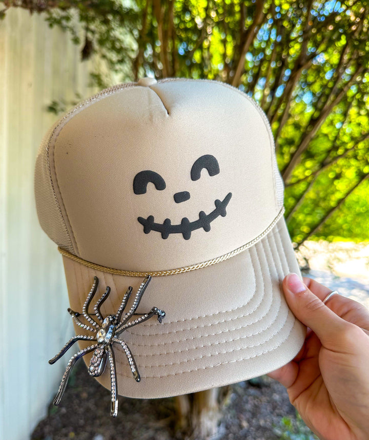 Smiley Skelly Khaki Trucker Hat W/ Spider Pin