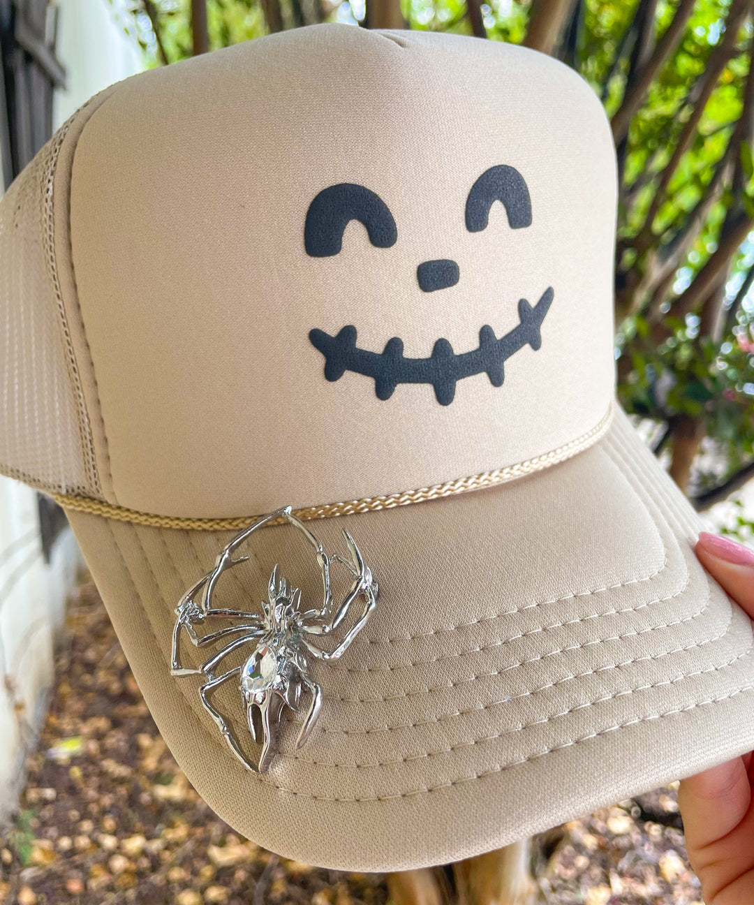 Smiley Skelly Khaki Trucker Hat W/ Spider Pin