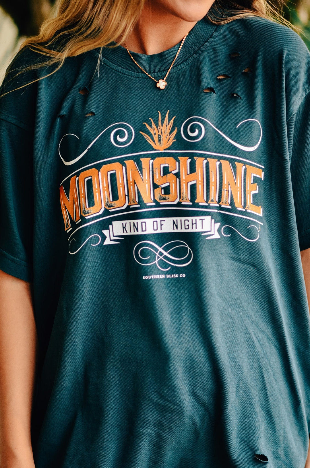 Moonshine Kind of Night Cut Mock Neck Tee