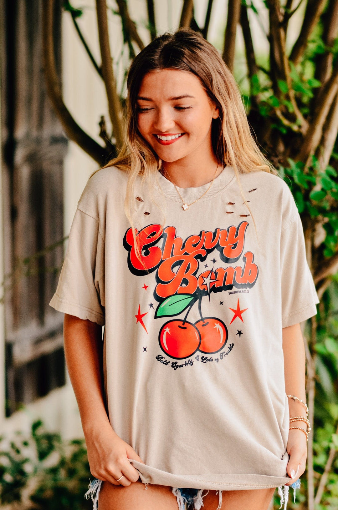 Cherry Bomb Cut Mock Neck Tee