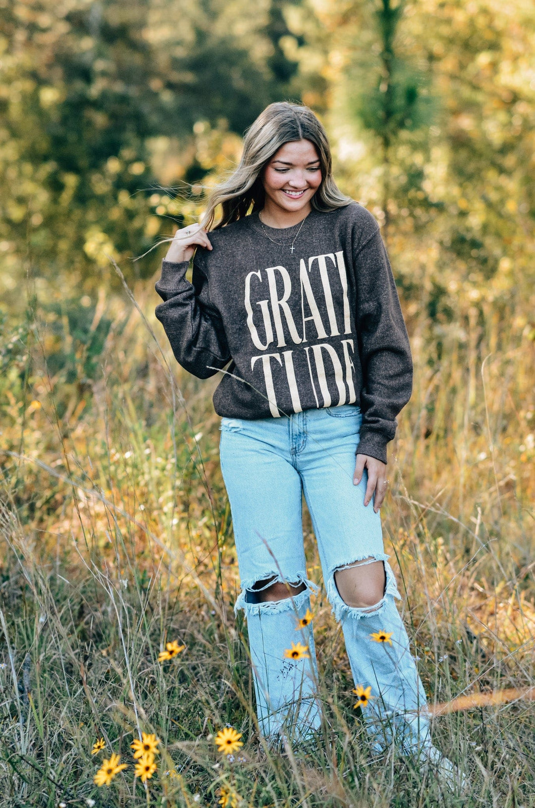 Gratitude Brown Knit Sweatshirt