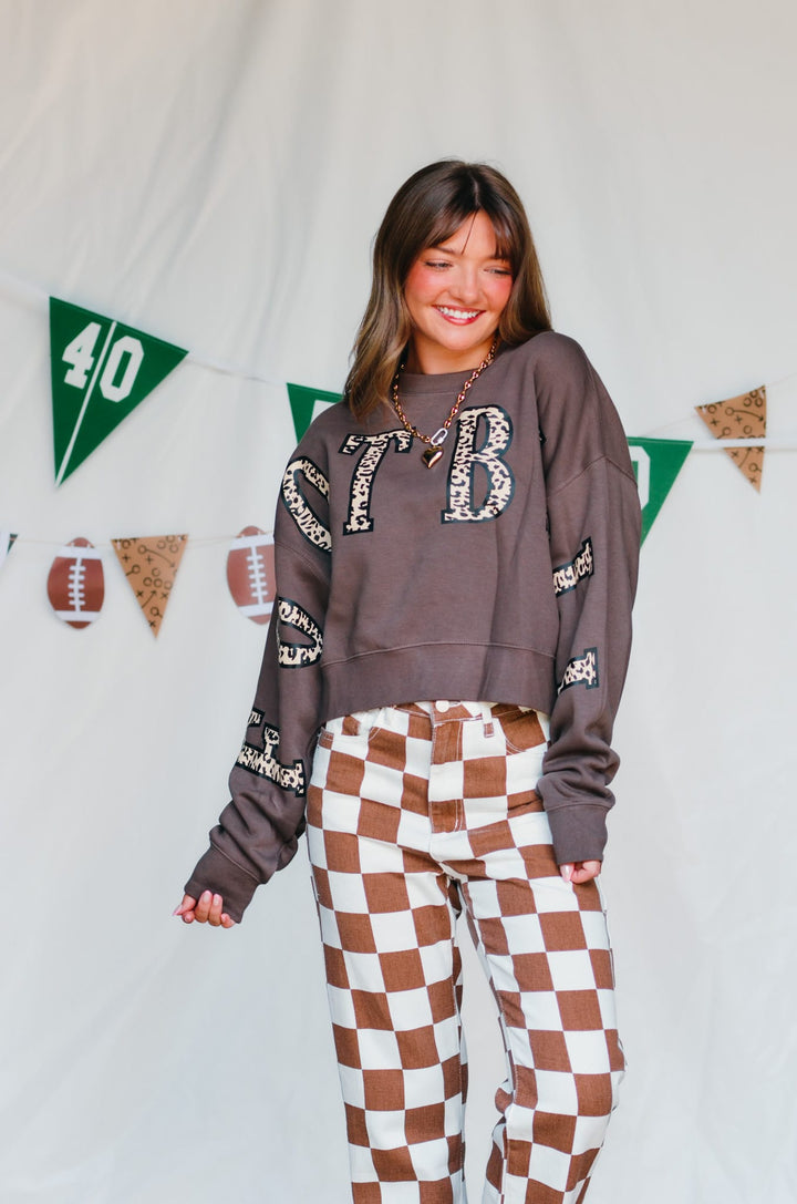 Football Leopard Mocha Crop Sweatshirt