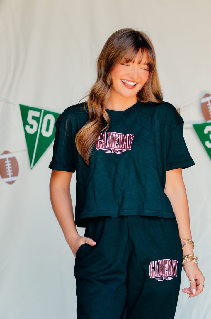 Gameday Leopard Black Crop Tee
