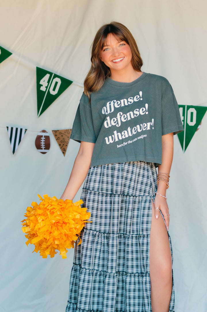 Offense Defense Whatever Charcoal Crop Tee
