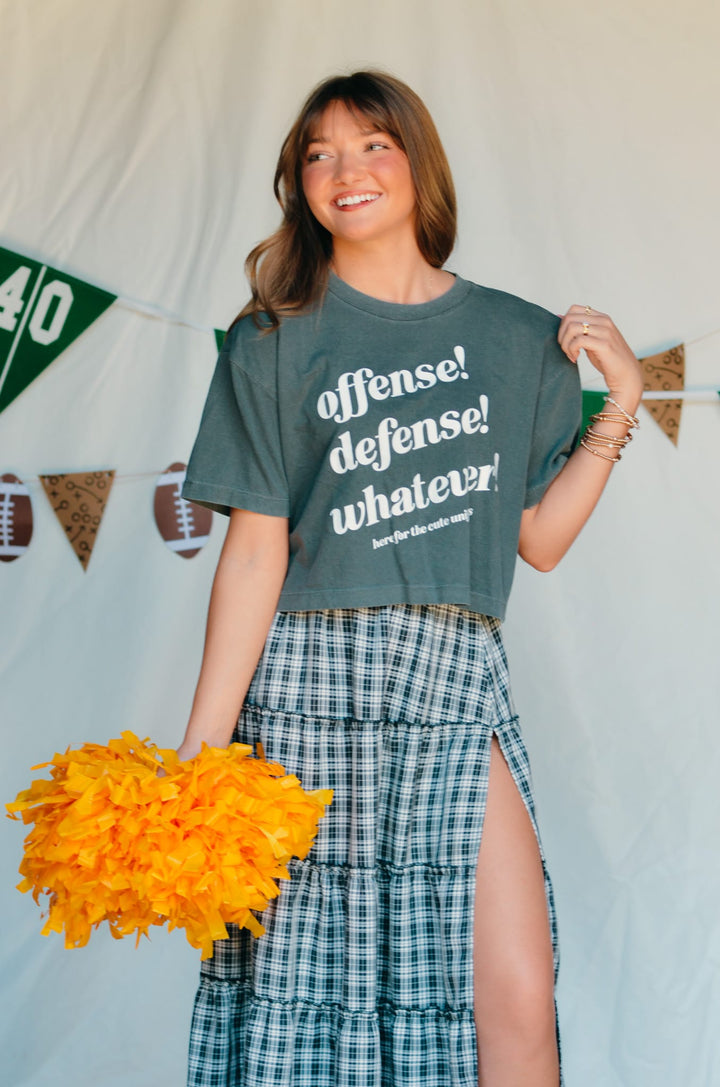 Offense Defense Whatever Charcoal Crop Tee