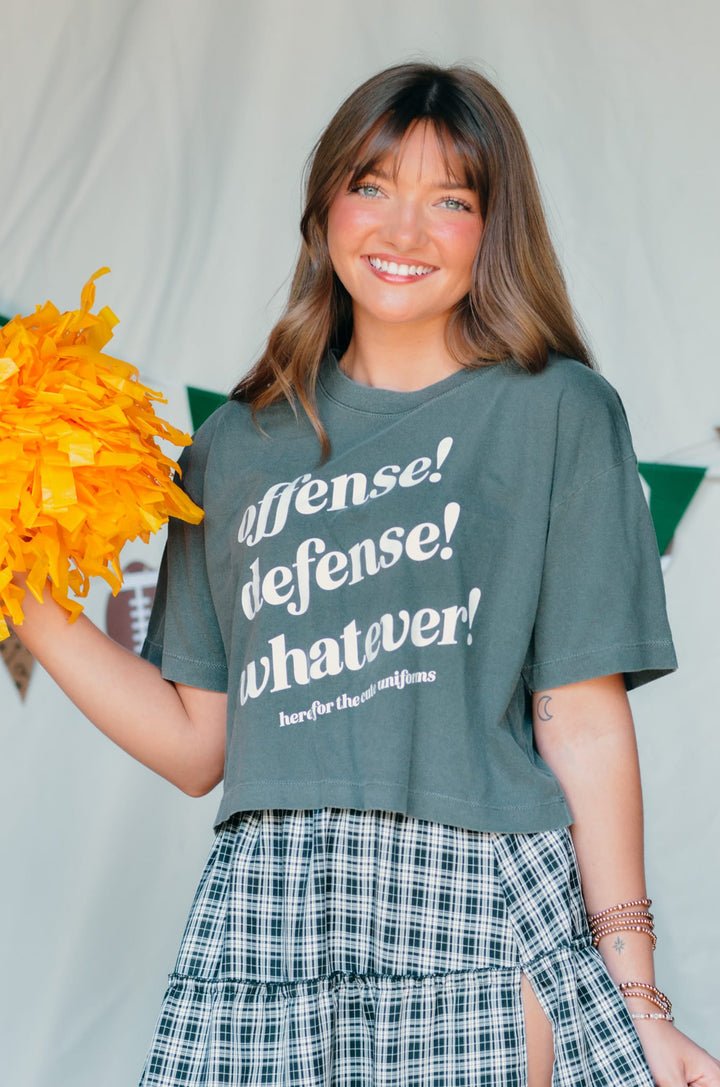 Offense Defense Whatever Charcoal Crop Tee
