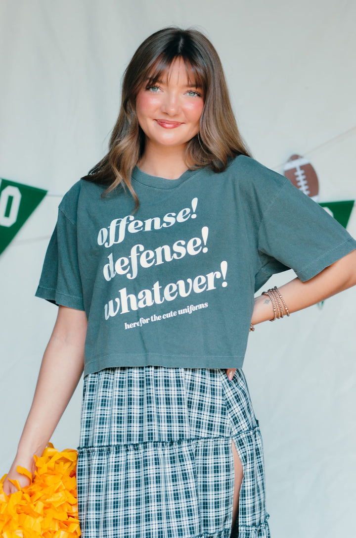 Offense Defense Whatever Charcoal Crop Tee