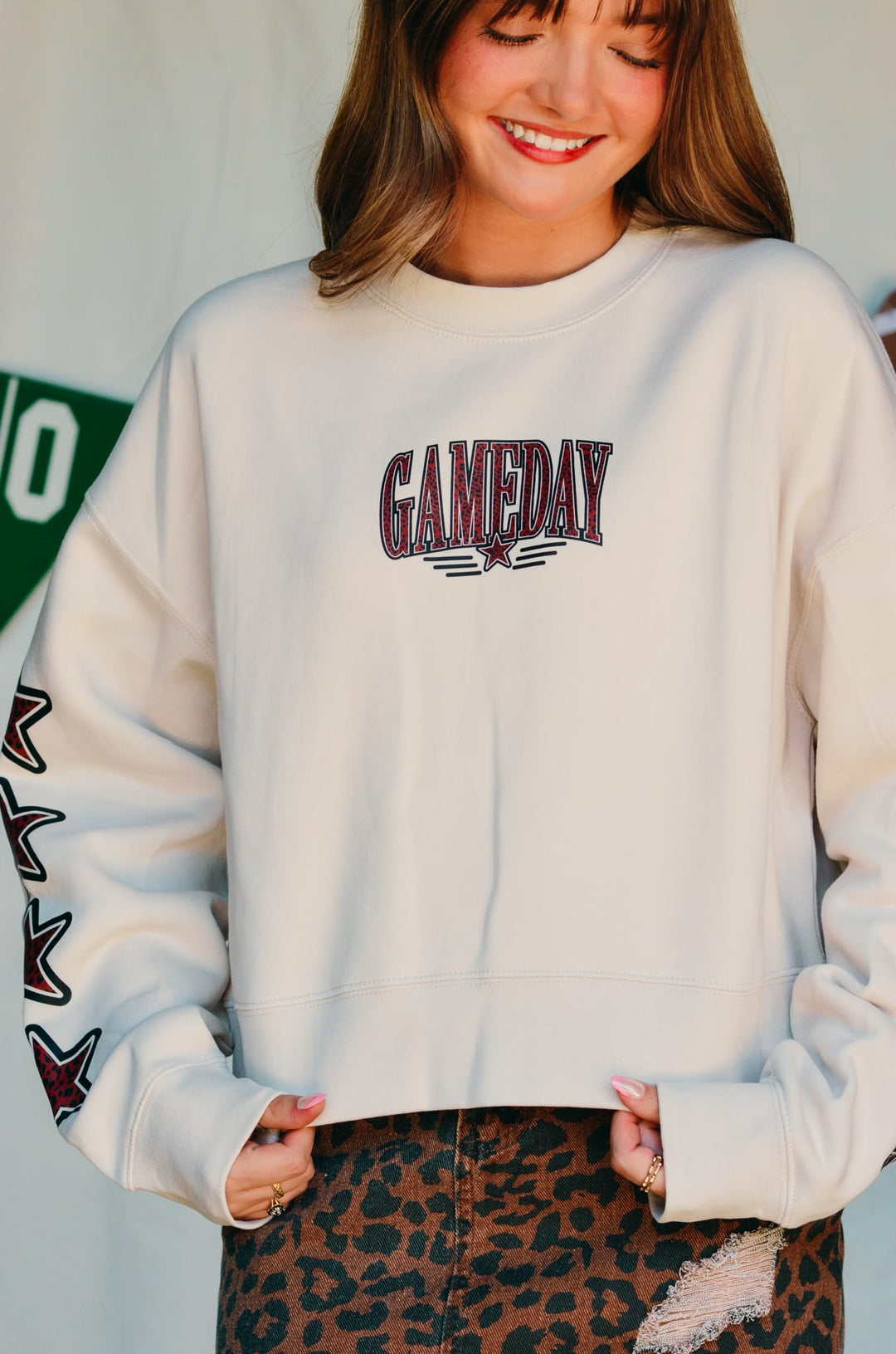 Gameday Leopard Stars Ivory Crop Sweatshirt