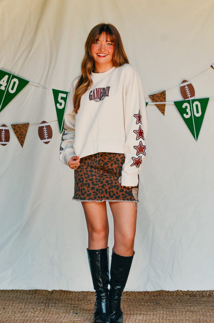 Gameday Leopard Stars Ivory Crop Sweatshirt