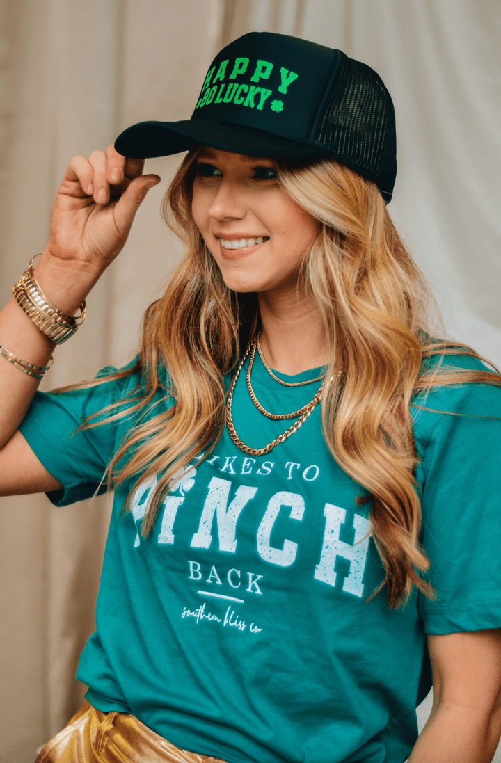 Happy Go Lucky Black Trucker Hat