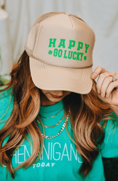 Happy Go Lucky Tan Trucker Hat