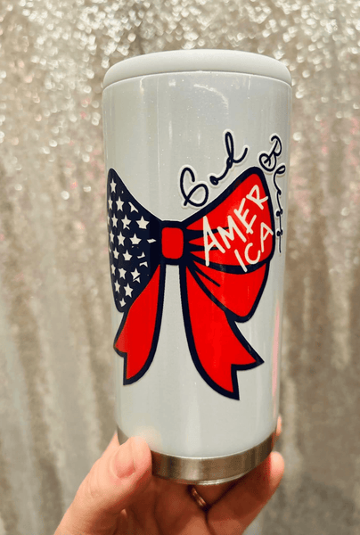 God Bless America Bow Skinny Can Cooler