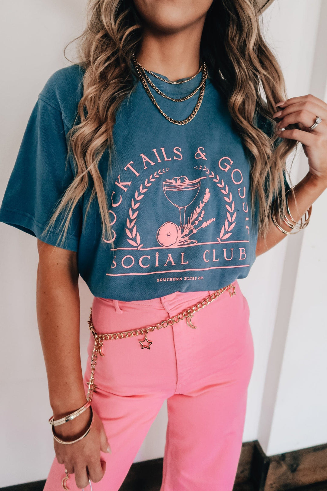 Cocktails and Gossip Navy Mock Neck Tee