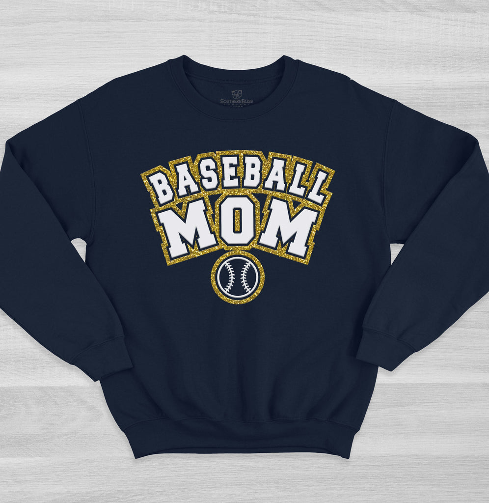 Baseball Mom White Varsity Glitter Navy Solid Sweatshirt