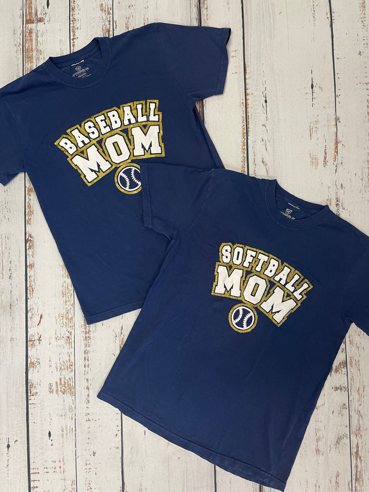 Baseball Mom Varsity Glitter Navy Tee