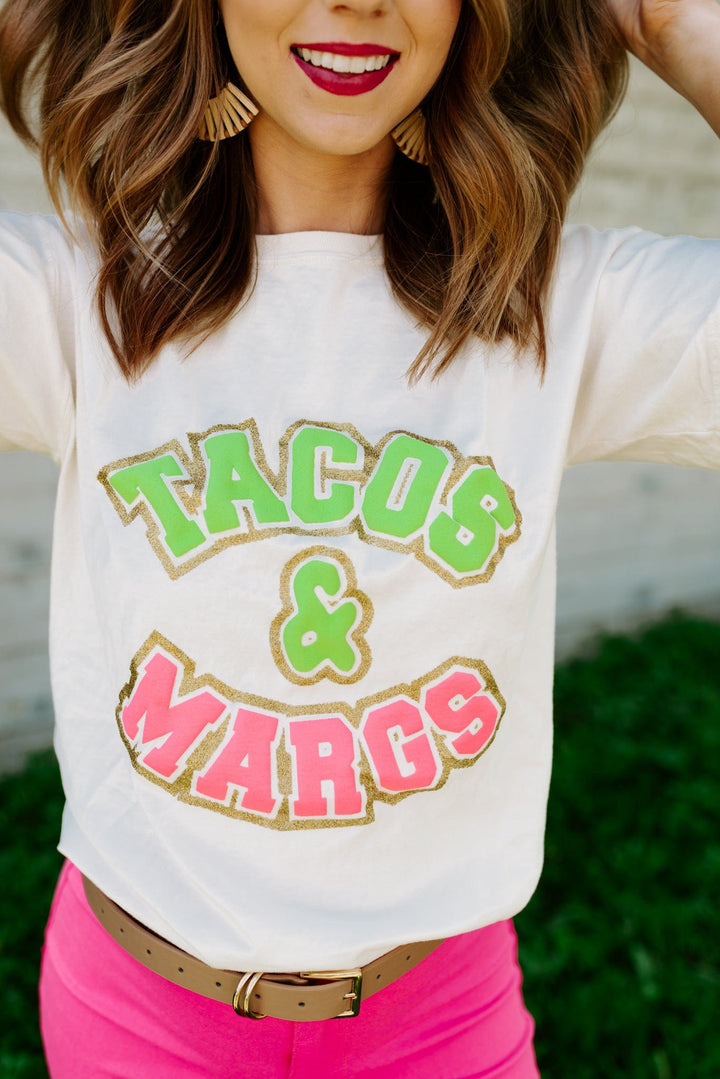 Tacos and Margs Varsity Glitter Cream Tee