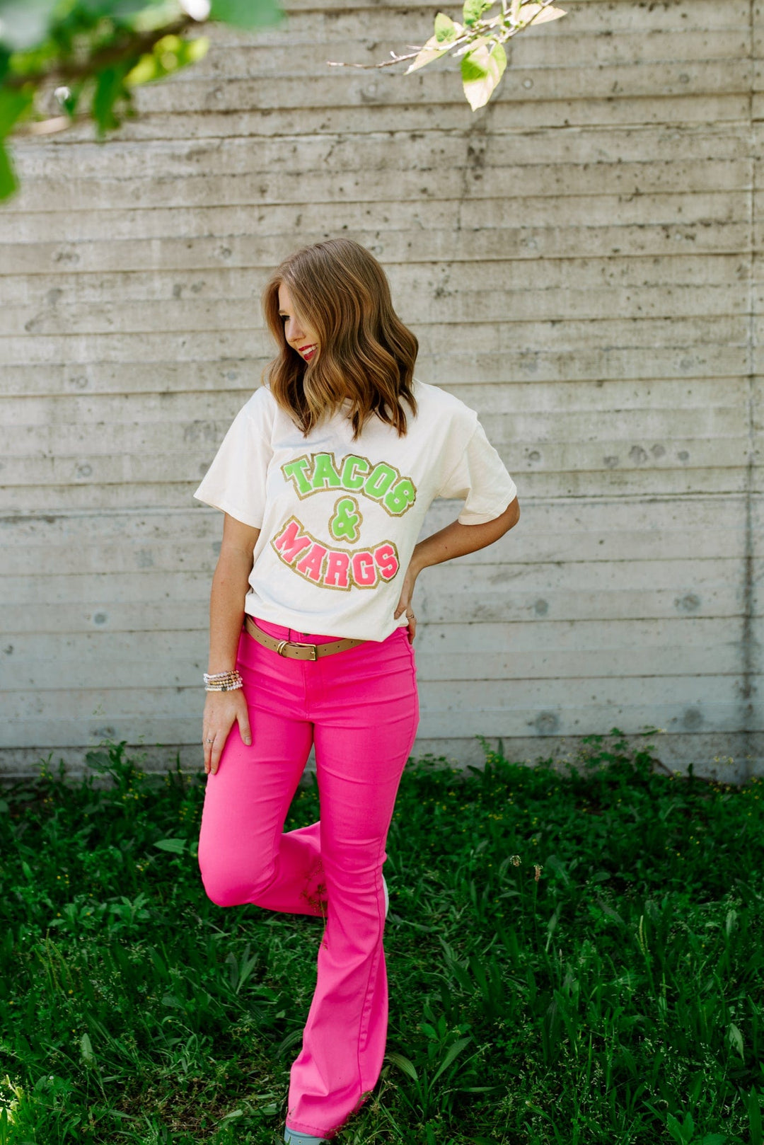 Tacos and Margs Varsity Glitter Cream Tee