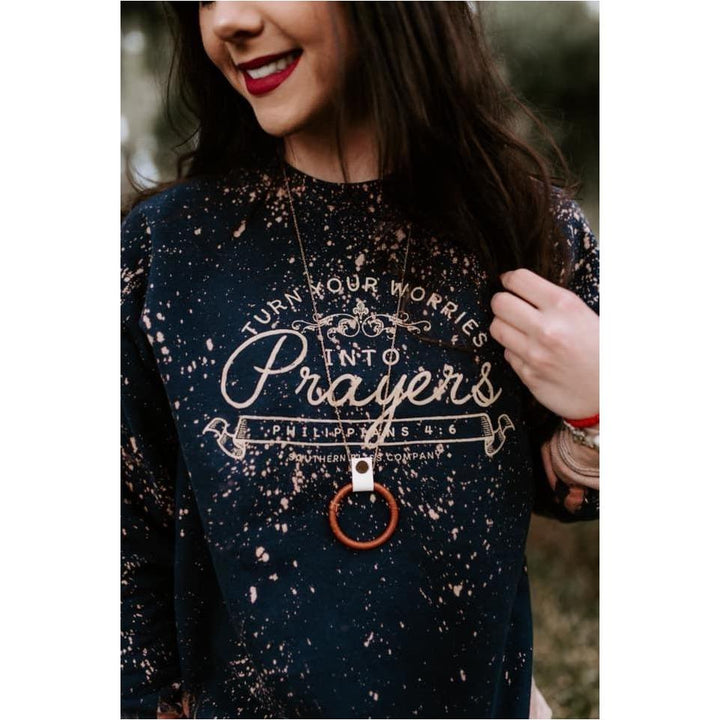 Turn Your Worries Into Prayers Navy Bleached Sweatshirt